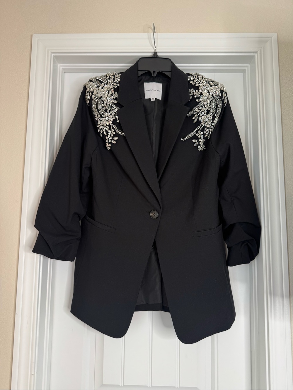 Gibson Latimer Black Blazer with Silver Beaded Shoulder Embellishment